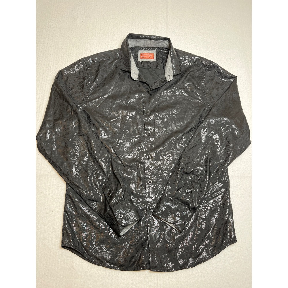 Consequence Mens Black Paisley Damask Metallic Button Down Shirt Small